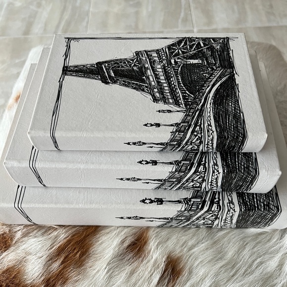 3 Nesting Paris Effiel Tower Distressed Storage CORK Books Monochrome GOLD EUC - Picture 6 of 13
